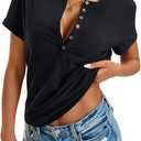 EasyGala Womens Cotton V Neck Tops Short Sleeve Henley Shirts Sexy Fitted Tees Summer Fashion Clothes 2025 Black Large