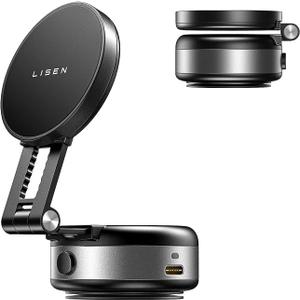 LISEN Portable Electric Vacuum Suction Phone Holder for MagSafe, Suction Cup Phone Mount Foldable Only on Mirror/Smooth Surface for 17 iPhone 16e/16/15/14/13/12 Pro/Pro Max (silver)