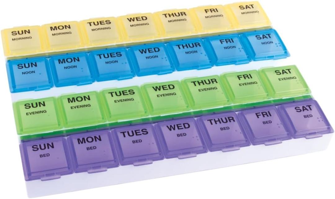 EZY DOSE Weekly (7-Day) Daily Medtime Pill Case, Medicine Planner, Vitamin Organizer, Supplement and Fish Oil Container, Large Compartments with Rounded Base, 4 Times a Day, Colored Lids, BPA Free (Yellow/Blue/Green/Purple)