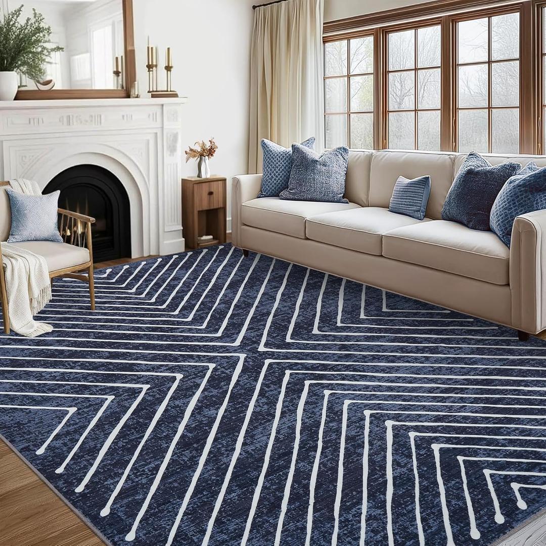 Large Area Rug 10x13 Living Room Rug Indoor Non Slip Geometric Large Bedroom Area Rug Stain Resistant Modern Dining Room Throw Rug Low Pile Contamporary Carpet for Office Home Decor, Navy