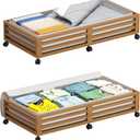 Wisuce Bamboo Under Bed Storage Containers- Underbed Organizer with Wheels with Large Dust Bag,Sturdy Wood Rolling Under the Bed Shoe Storage Organizer Drawer 2 Packs (Walnut, Long)