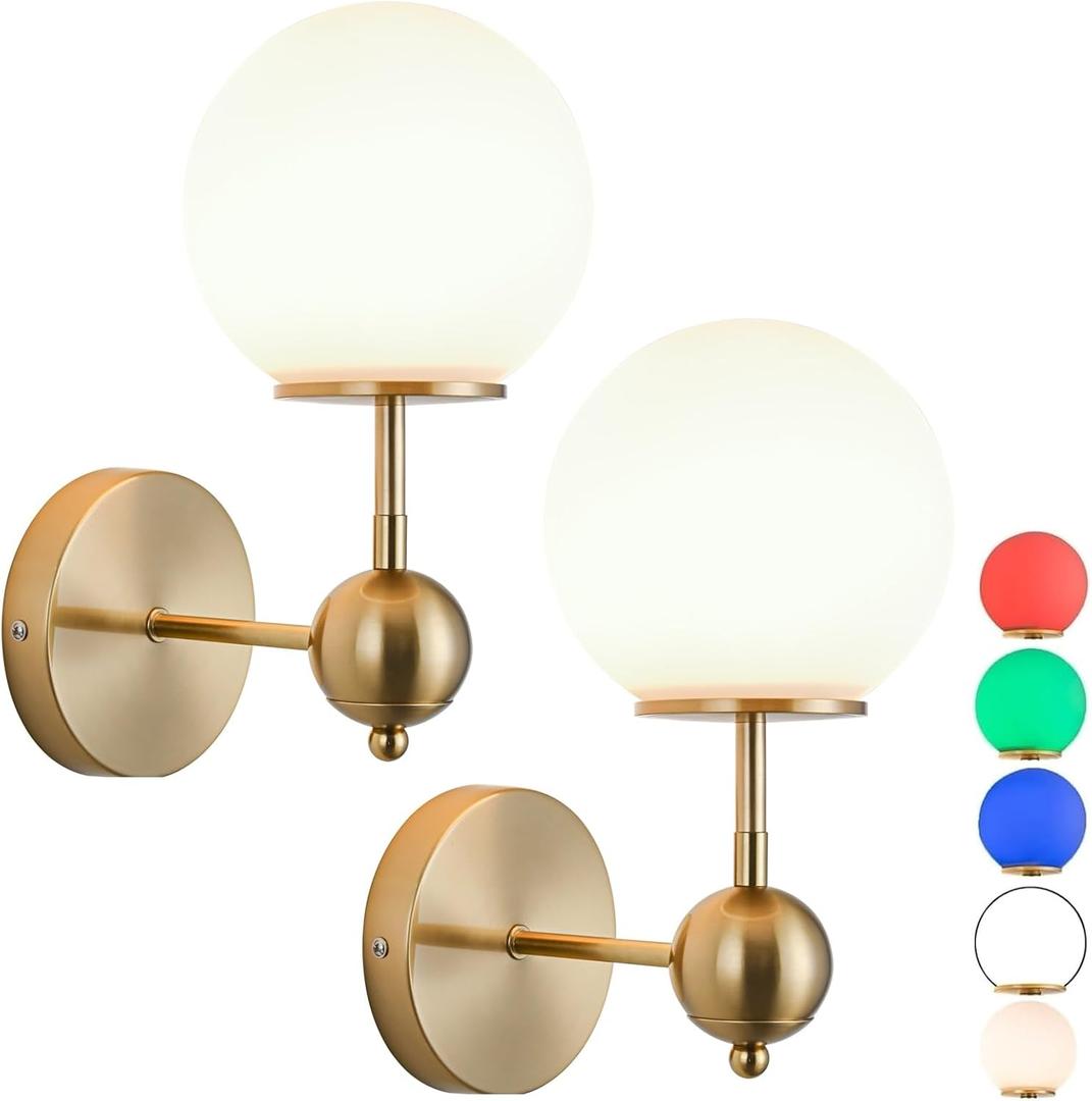Retro Style Battery Operated Wall Sconces Set Of 2,Glass Lampshade Wall Lamp With Remote Control,Rechargeable LED Wall Light Fixtures Non Hardwire Design. (With Bulbs+remote Control+charging Cable)(Go (Gold)
