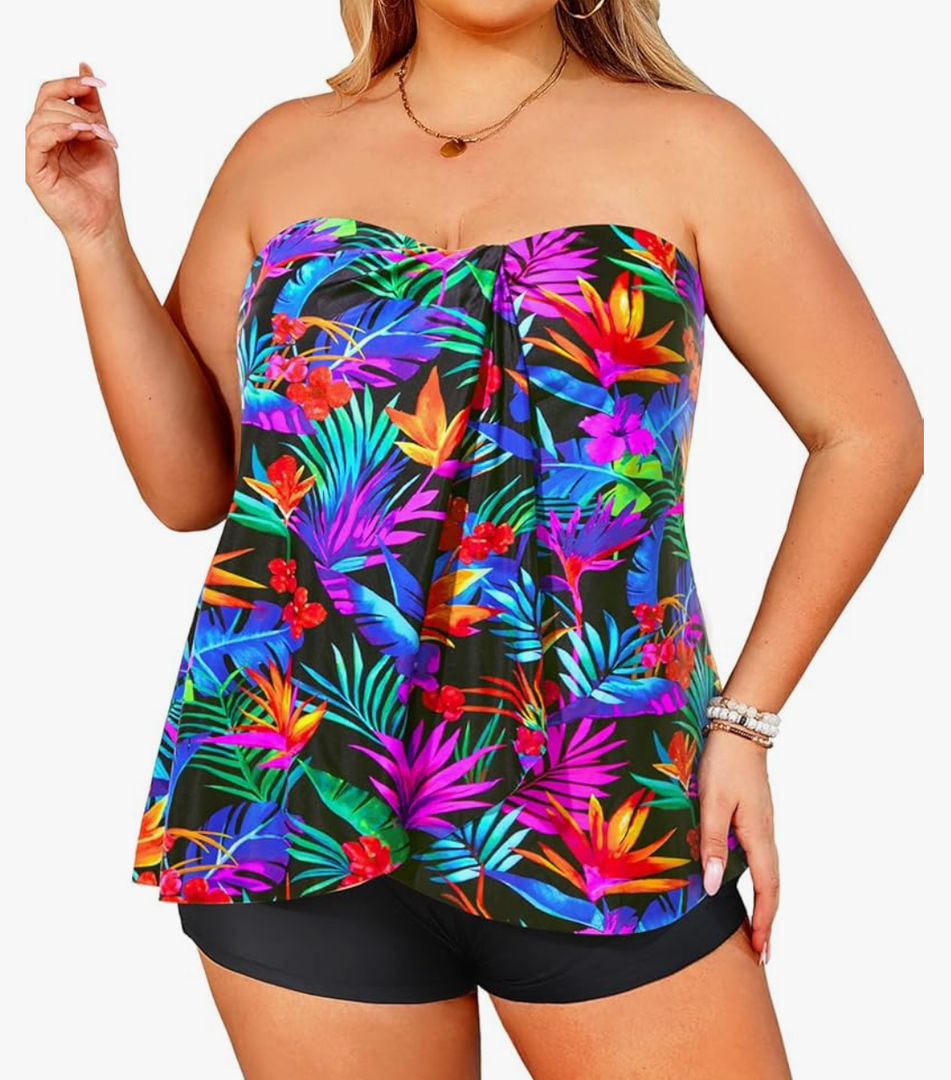 Daci Plus Size Bandeau Tankini Swimsuit for Women 2 Piece Halter Swim Top with Shorts Tummy Control Bathing Suits 18 Plus
