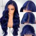 BlackSwern Dark Blue Wig 13x6 Synthetic Lace Front Wig,HD Lace Pre-Plucked Navy Blue Lace Frontal Wig,26inch Body Wave Wigs 200 Density,Pre-Plucked PLUS 1.5Hairline+ Flat Iron Relaxed Free Part
