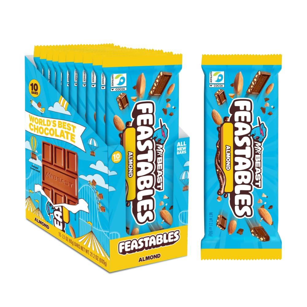 MrBeast Feastables Almond Milk Chocolate Bar, King Size, 10 Count, Roasted Almond Chocolate Candy, Fairtrade Cocoa, 2.1oz Each (EXP 05/14/26)