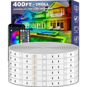 400ft Outdoor LED Strip Lights Waterproof,IP68 Outside Led Light Strips Waterproof with App and Remote,Music Sync RGB Exterior Led Rope Lights with Self Adhesive Back for Roof,Deck,Balcony
