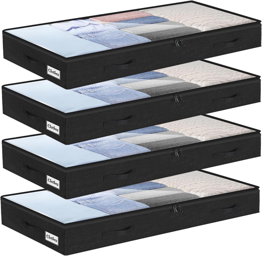 4 Inch Low Profile Under Bed Storage Drawer 4 Pack, Lightweight Underbed Clothes Storage Container Bins With NO STURCTURE, Shallow Storage Bag for Dorm & Home, With Clear Lids & Water-Resistant Fabric