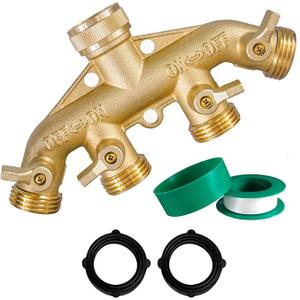 Hourleey Brass Garden Hose Splitter (4 Way), Solid Brass Hose Connector 3/4", Hose Spigot Adapter 4 Valves with 2 Extra Rubber Washers