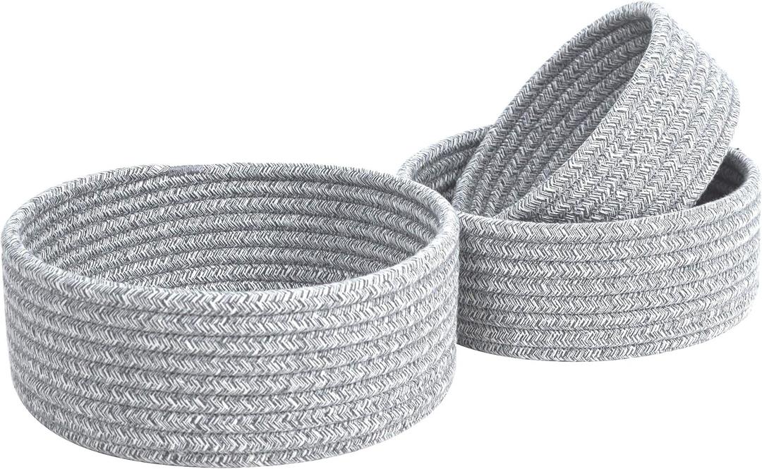 MINTWOOD Design Set of 3 Cotton Rope Nesting Bowls, Small Catch All Basket, Cute Closet Baskets and Bins for Shelves, Mini Table Basket Organizer for Small Accessories, Light Gray Mix