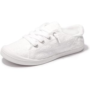 Women's Slip On Canvas Sneaker Low Top Casual Walking Shoes Classic Comfort Flat Fashion Sneakers (8, White Dot)