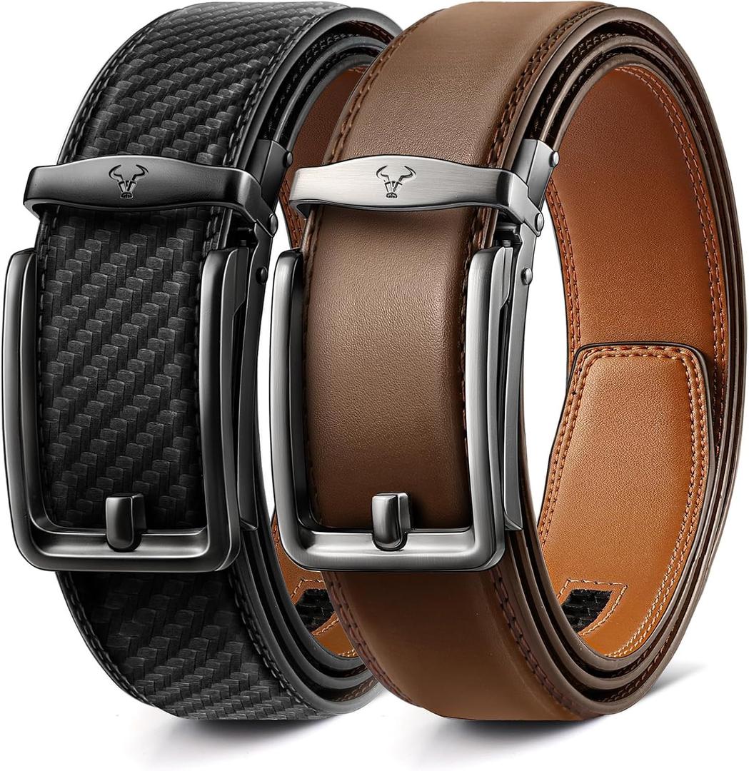BULLIANT Men Ratchet Belt 2 Pack, Click Sliding Leather Belt Adjustable for Gift Men Dress Casual Jeans 1 3/8,Cut for Fit