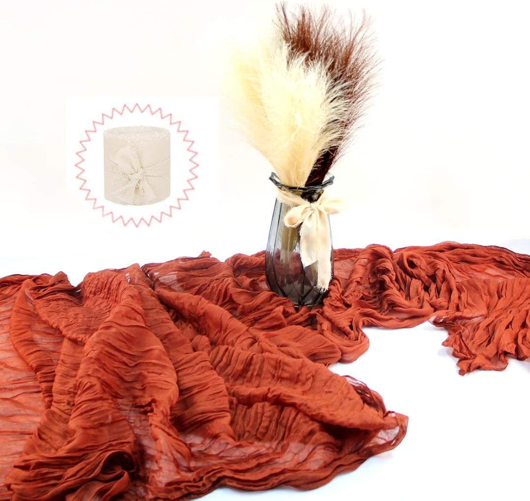2pcs Boho Table Decor - 1pcs 10FT 120in Long Terracotta Cheesecloth Table Runner with 1pcs 5Yd Chiffon Ribbon, Terracotta Gauze Table Runner for Dinner, Birthday Party, Baby Shower, Wedding