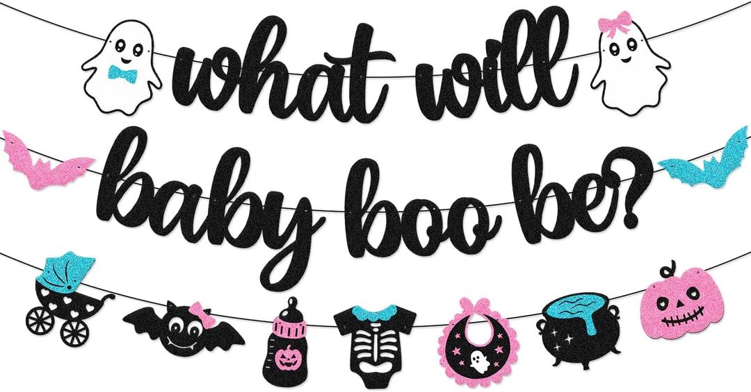 Halloween Gender Reveal Banner What will Baby Boo Be Banner Halloween Ghost Bats Theme Boo-y or Ghoul He or She Blue or Pink Boy or Girl Gender Reveal Baby Shower Party Supplies