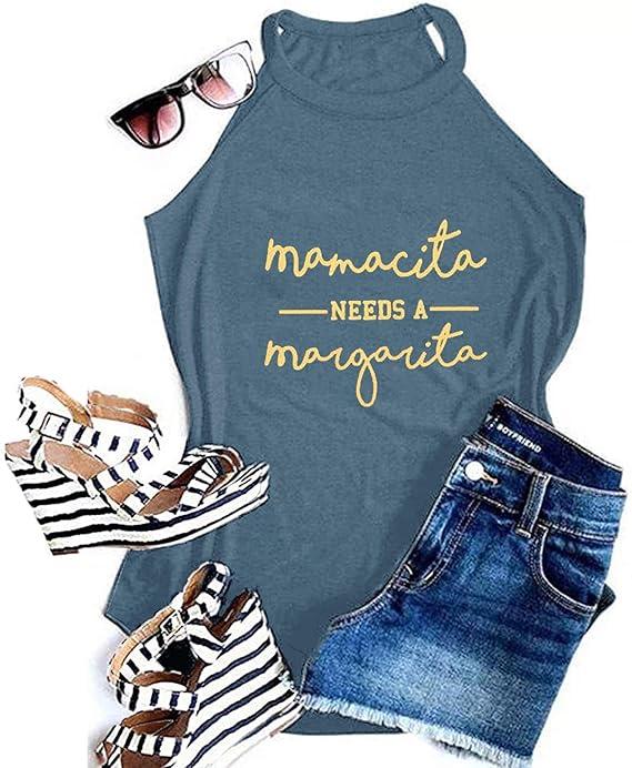 Mamacita Needs a Margarita Women Funny Shirts Workout Tops Graphic Beach Holiday Outfit Tees L Blue