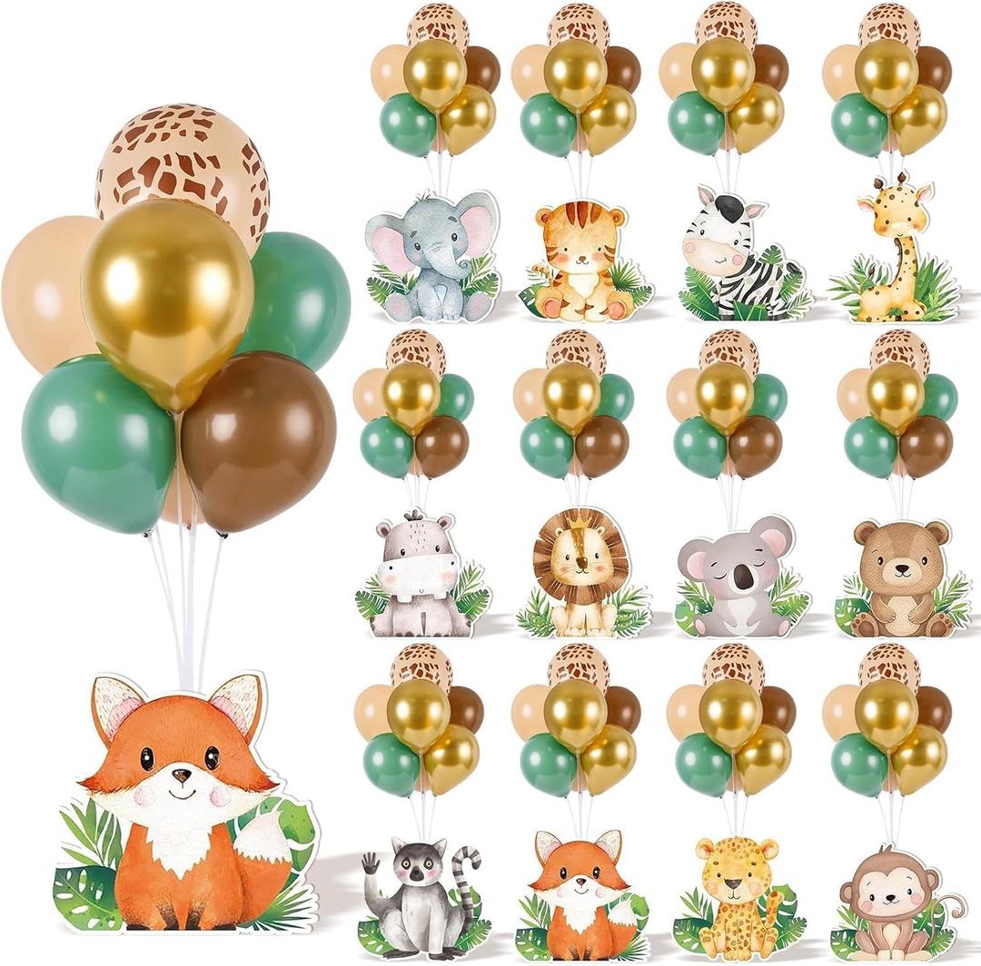 12 Sets Baby Shower Jungle Animals Balloon Stand Kit Safari Baby Shower Centerpiece Decoration with Balloon Wild Animals Decor for Boys Kids Nursery Wild Forest Theme Birthday Party Supplies