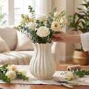 Qinyoung 1 Pack White Vintage Pleated Ceramic Vase Sour Cream Stylish Decorative Flower Vase for Bouquet Living Room Cabinet Table Centerpieces Wedding (9 x 7.32 Inches)