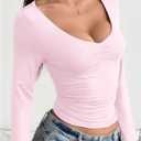 SOLY HUX Women's Ruched Tops V Neck Long Sleeve Tee Slim Fitted Dressy Casual T Shirts (Pink, M)