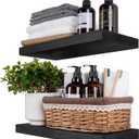 BGMG Wood Floating Shelves 16 inch, Wide Rustic Wooden Wall Shelves for Bathroom Living Room Bedroom Kitchen Farmhouse Set of 2-16x 6.7 x1.25 inch- Black