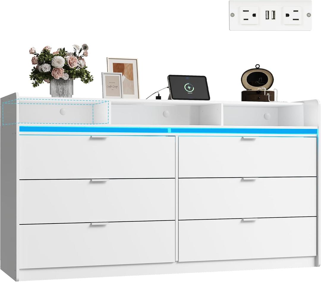 WLIVE 9 Drawer Led Dresser for Bedroom, 58.35'' White Wood Dresser Storage Organizer with Power Outlets for 65'' TV, Dressers with Open Shelves, Chest of Drawers for Closet, Living Room