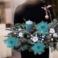 Winlyn 35 Pcs Christmas Artificial Poinsettia Flowers Picks and Artificial Leaves Sprays Teal Glitter Christmas Floral Picks for Teal Christmas Tree Holiday Decorations Centerpiece Wreath DIY Crafts
