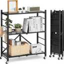 VEVOR 3-Tier Foldable Storage Shelf, 30W x 13D x 36H Inch Folding Metal Rack Shelving Unit, No Assembly Organizer Shelf with 5 Wheels & 4 Hooks for Pantry, Kitchen, Garage, Basement, Black