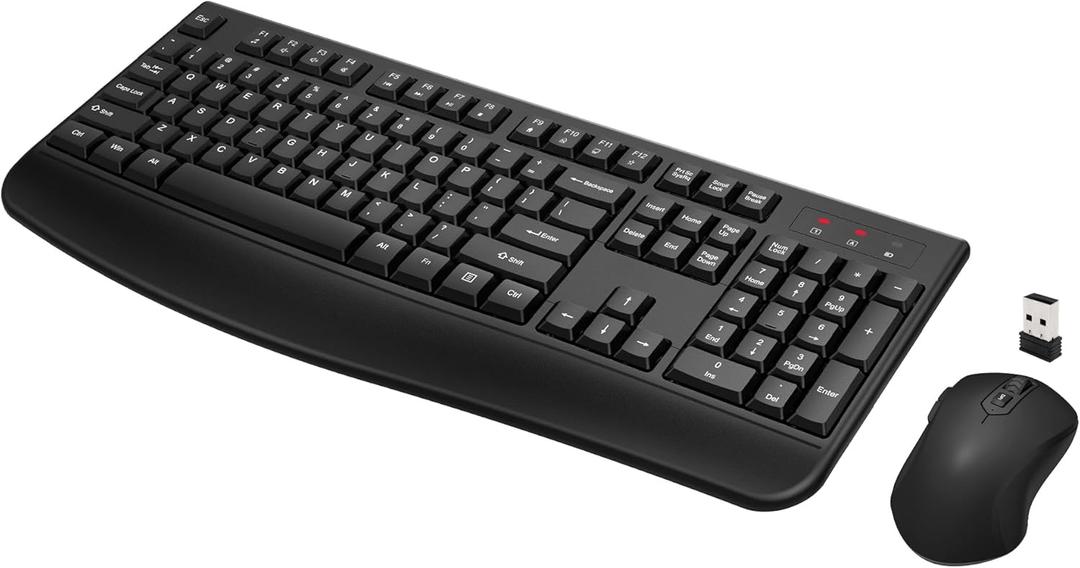 Wireless Keyboard and Mouse Combo, Full-Sized 2.4GHz Wireless Keyboard with Comfortable Palm Rest and Optical Wireless Mouse for Windows, Mac OS PC/ Desktops/ Computer/ Laptops (Black)