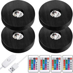 Riakrum 4 Pieces Wood LED Display Light Base Crystal Display Base Stand Round 16 Lighting Modes Wooden Lighted Round Holder Colorful Pedestal for Crystal Glass Resin Ball, Black