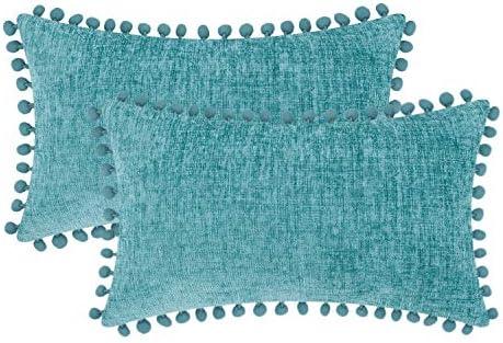 CaliTime Throw Pillow Covers Decorative 20 X 12 Inches Pack of 2 Cozy Solid Dyed Soft Chenille Cushion Cases with Pom Poms for Couch Sofa Bed Living Room Home Teal