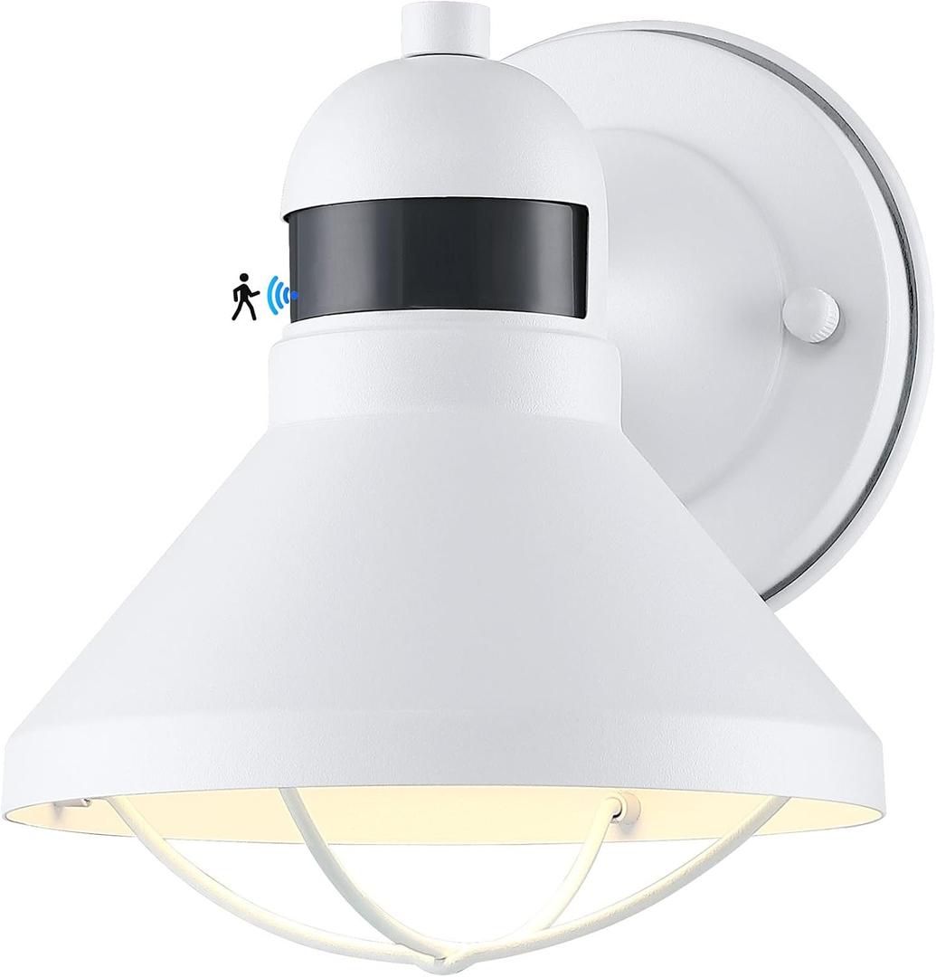 LONEDRUID Dusk to Dawn Motion Sensor LED Outdoor Barn Light Fixtures White Exterior Wall Lantern Waterproof Outside Sconce Lighting Rustic Farmhouse Wall Mount Lamp for House Porch Patio Garage