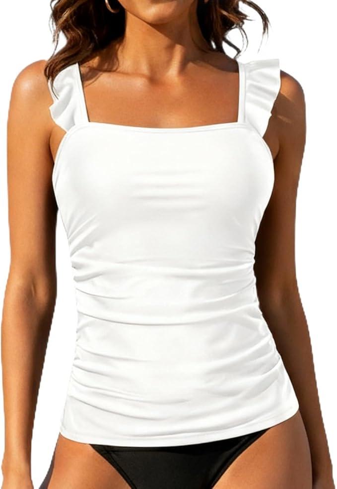 Tankini Tops for Women Swimwear - Tummy Control Bathing Suit Swim Ruffle Swimsuits Top No Bottom 2025, Size L