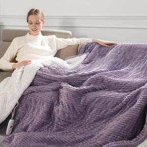 Electric Throw Heated Throw 50''x60'', Striped Flannel & Thicker Sherpa, 5 Heat Settings & 4 Hour Auto Off with FCC/ETL Certified, Overheat Protection & Machine Washable, Great Gift, Lavender Purple