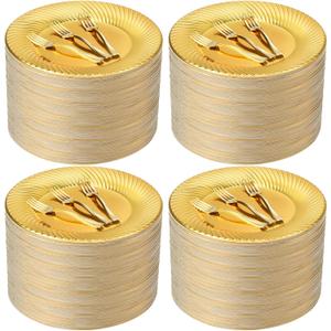 Tioncy 200 Pcs Gold Plastic Dessert Plates with Mini Forks Set for 100 Guests Includes 100 Pcs 7'' Disposable Cake Plates 100 Pcs 3.94'' Gold Plastic Forks for Wedding Birthday Party Dessert Table