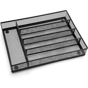 LIANYU Silverware Utensil Drawer Organizer, 5 Compartments Steel Mesh Cutlery Flatware Tray with Foam Feet, 9 1/4" W x 12 1/2" L x 2" H, Black