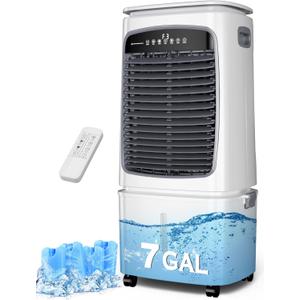Uthfy Swamp Cooler, 3-IN-1 Evaporative Air Cooler with 7 Gallon Water Tank, 4 Ice Box, Remote, 12H Timer, 120Oscillation, Portable Air Conditioner, Cooling Fan for Bedroom Indoor Outdoor Use