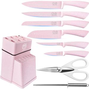 XYJ Knife Block Set, Pink Color, Stainless Steel Kitchen Knives With Knife Block Holder, Meat Cleaver, Professional Cooking Slicing Knife Kit for Master Chef, Kitchen Cutlery (9 in 1)