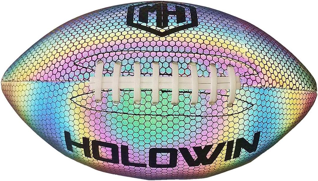 Holographic Luminous Light Up Reflective Football for Night Games & Training, Glowing in The Dark, Great American Football Toy Gifts for Boys, Kids, Men (Junior (Size 6), Black)
