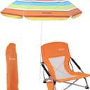 Beach Chair, Low Beach Chairs with Umbrella, Compack Portable Folding Festival Chairs, Chairs with Shade for Adult, with Cup Holder, Carry Bag, Heavy Duty, for Outdoors, BBQ (1-Pack Orange)