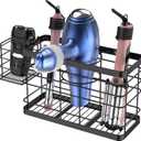 Hair Tool Organizer - Black Steel Wall Mounted Hair Dryer Holder with Removable Basket, 10.62"L x 4.33"W x 6.69"H, Ideal for Small Bathrooms
