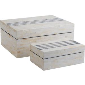 PEMAR Set of 2 Mother of Pearl Decorative Boxes w Lids, Handmade Mosaic Keepsake Jewelry Box Treasure Chest, Shelf Decorative Wooden Box for Memory, Tea Bags, Coffee, Accessories (Black Stripes)