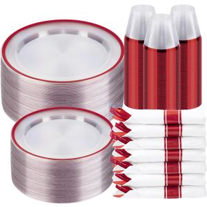 BESTSTAR 350PCS Clear and Red Disposable Plates Set for 50 Guests, 100 Plastic Plates, 50 Plastic Cups, 50 Pre-Rolled Napkins with Cutlery for Party, Christmas, Thanksgiving, Birthday, Halloween