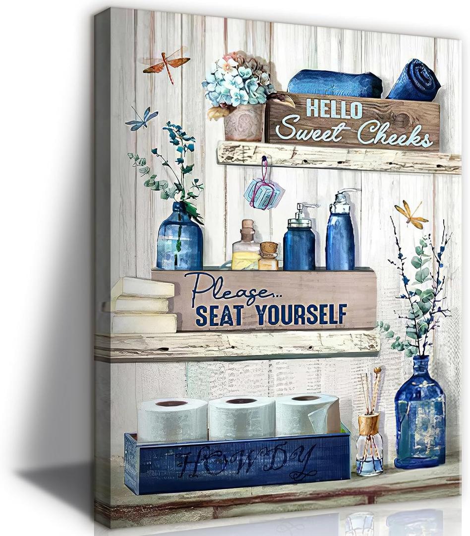 BJVJKSU Navy Blue Bathroom Decor Wall Art Rustic Blue Bathroom Canvas Wall Decor Please Seat Yourself Sign Print Painting Vintage Aesthetic Picture Artwork Decor(16x24in) (24L" x 16W")
