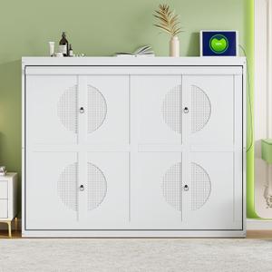 Ball & Cast Murphy Bed Queen Size Wall Chest with Charging Station and Slat Support,Wood Hideaway Cabinet Platform Bedframe w/Leg,can be Folded,Space-Saving,for Small Room,Dorms,White