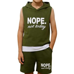 Sizes 7-13 Years Boys 2 Piece Summer Outfits Hoodie Sleeveless Game Controller Tank Tops Workout Shorts (Green)