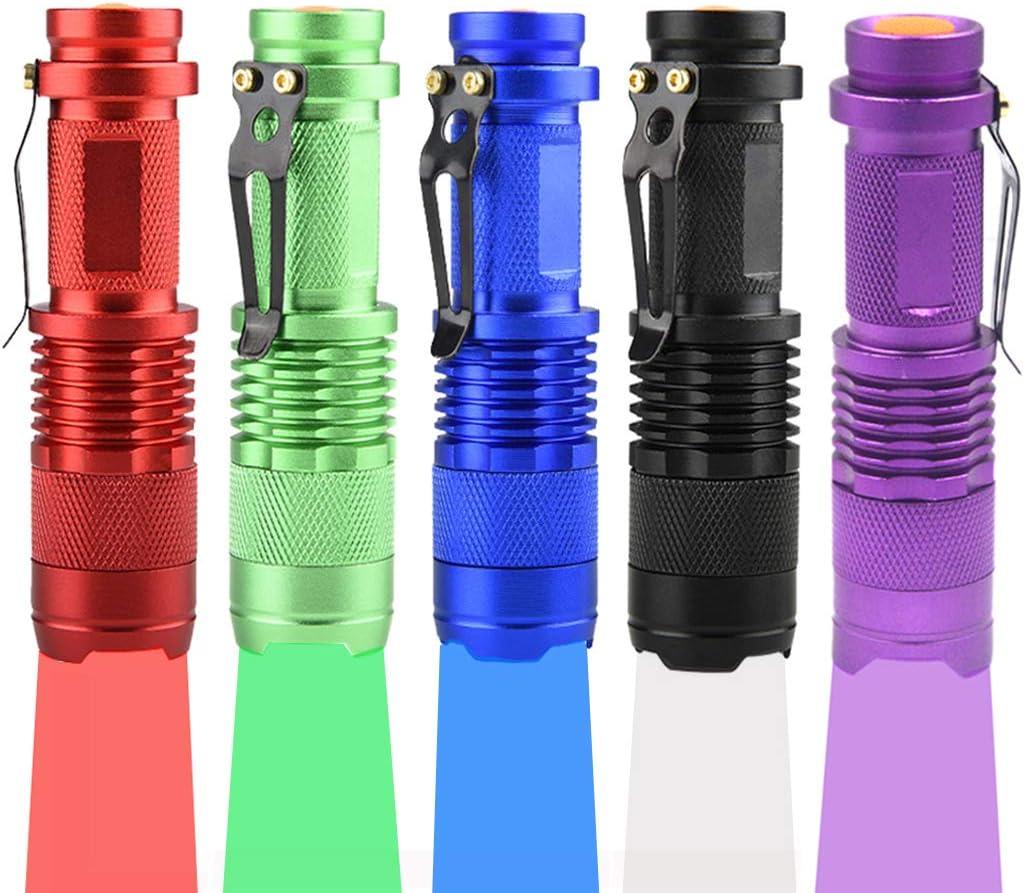 Multicolored 3-Mode Flashlight: Red, Green, Blue, UV & White LED Lights (Pack of 5)