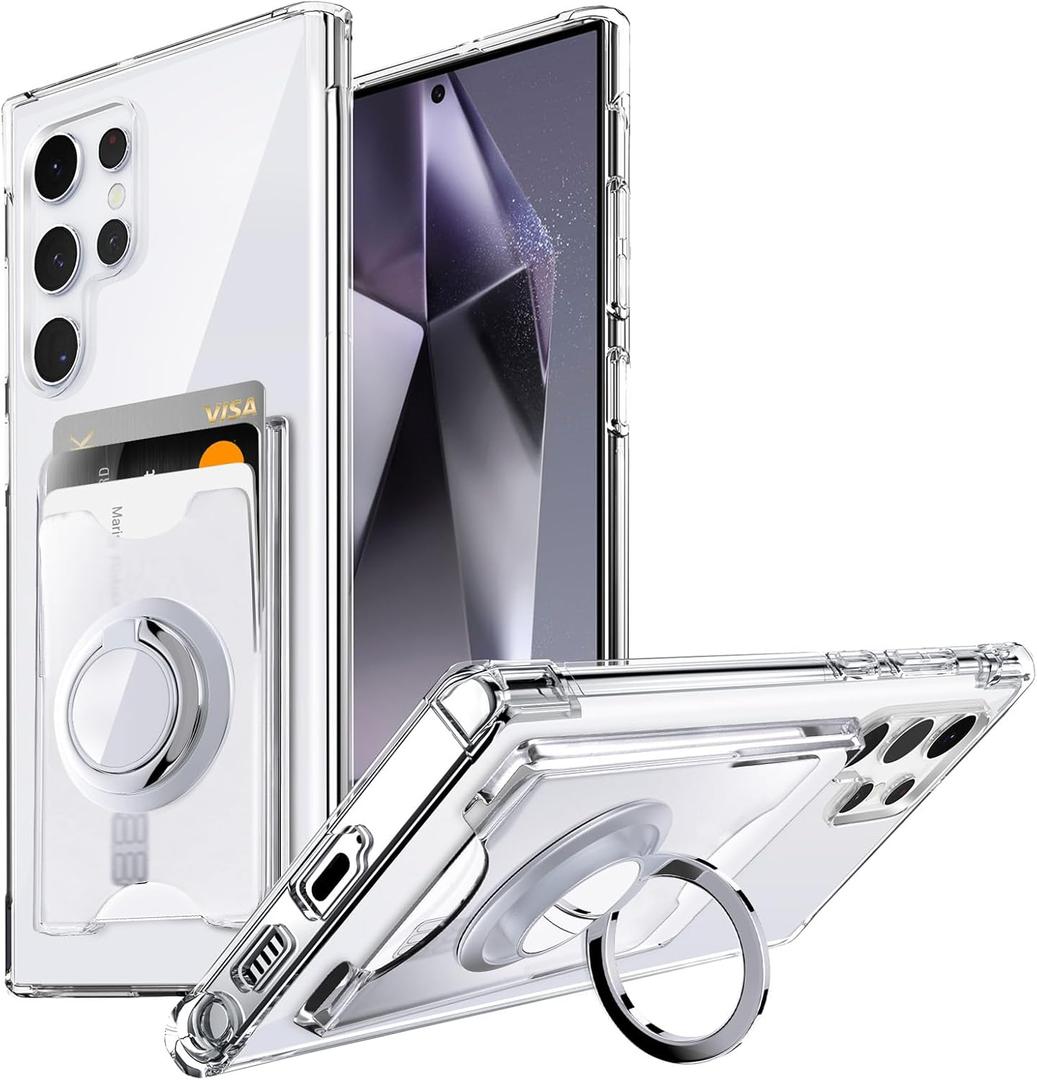 Shields Up for Samsung Galaxy S25 Ultra Case, Galaxy S25 Ultra Case, Minimalist Wallet Case with Card Holder & Ring Kickstand/Stand, Slim Protective Shockproof Cover for Samsung S25 Ultra - Clear