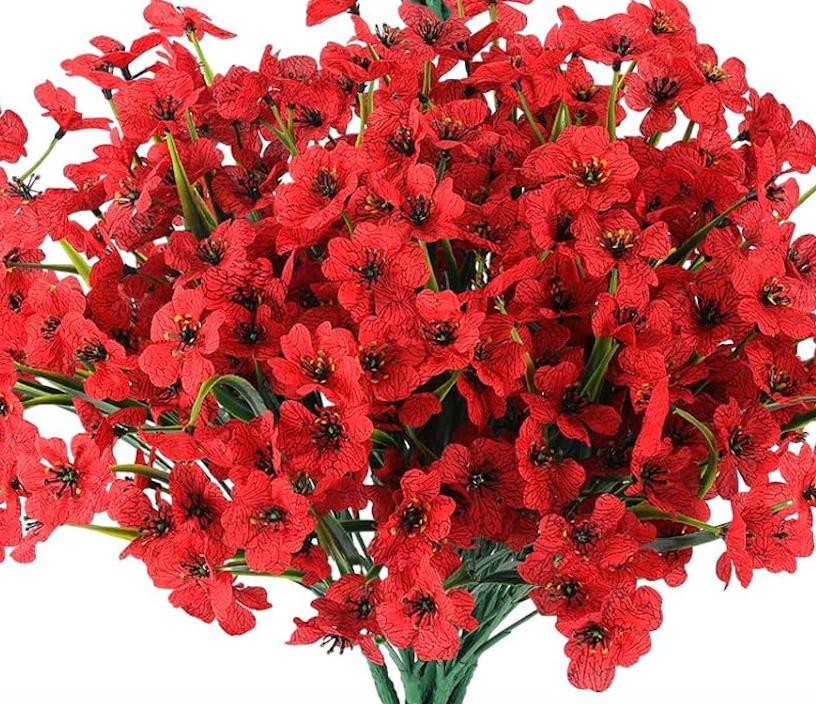 Hananona 28 Bundles Artificial Flowers Outdoor UV Resistant Fake Flowers Spring Faux Outdoor Plants Garden Porch Window Box Decorating (28, Red)