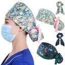 2 x Lenporl 2 Pcs Ponytail Scrub Caps Women Long Hair Nurse Scrub Hats with Scrunchies Ribbon Lace-Up Scrub Cap for Women Adjustable Ponytail Pouch Tie Back Hat(Floral Style)