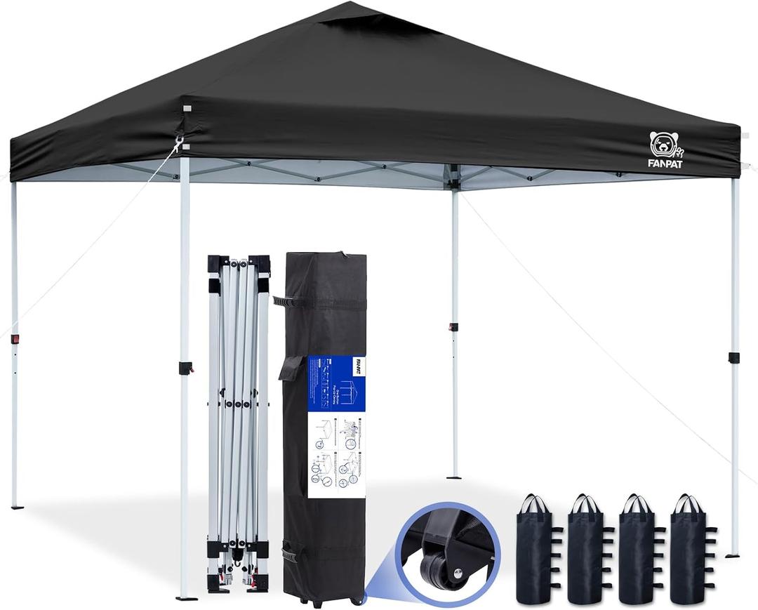 FANPAT 10x10 Pop Up Canopy Tent,300D Silver-Coating Top,1-Person Setup Commercial Heavy Dury Tent Instant Portable Shelter and Carry Bag, Bonus 8 Stakes and 4 Canopy Weights(Black)