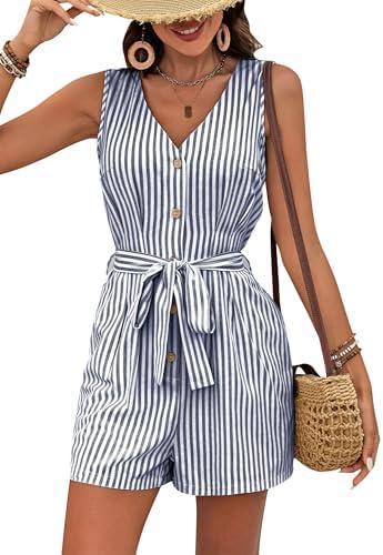 Women Summer Rompers Sleeveless V Neck Button Down Linen Jumpsuit Shorts Beach Striped Rompers with Belt Size S