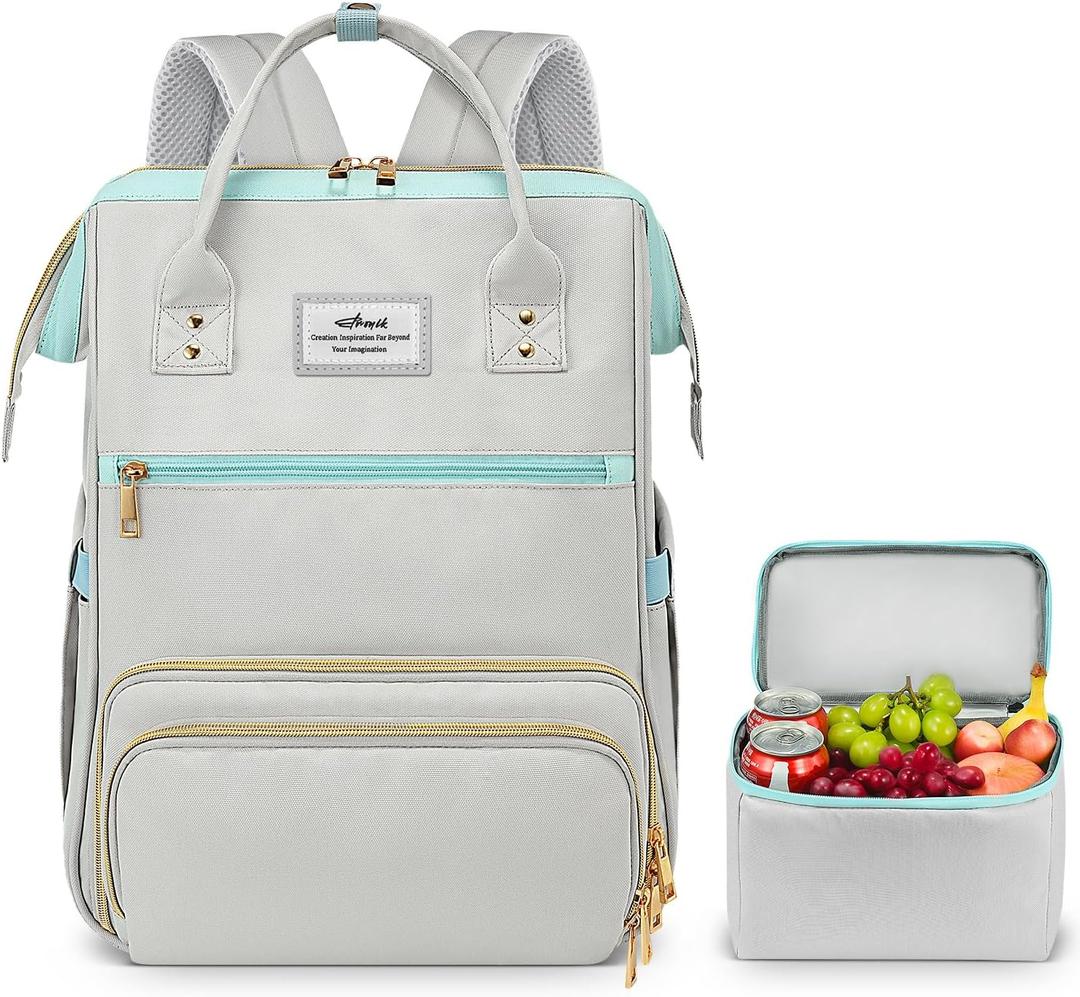 ETRONIK Lunch Backpack, 15.6 Inch Laptop Backpack, Stylish Nurse Teacher Work Bag with Insulated Cooler Lunch Box for Women Men, College Backpack for Travel, Grey Blue